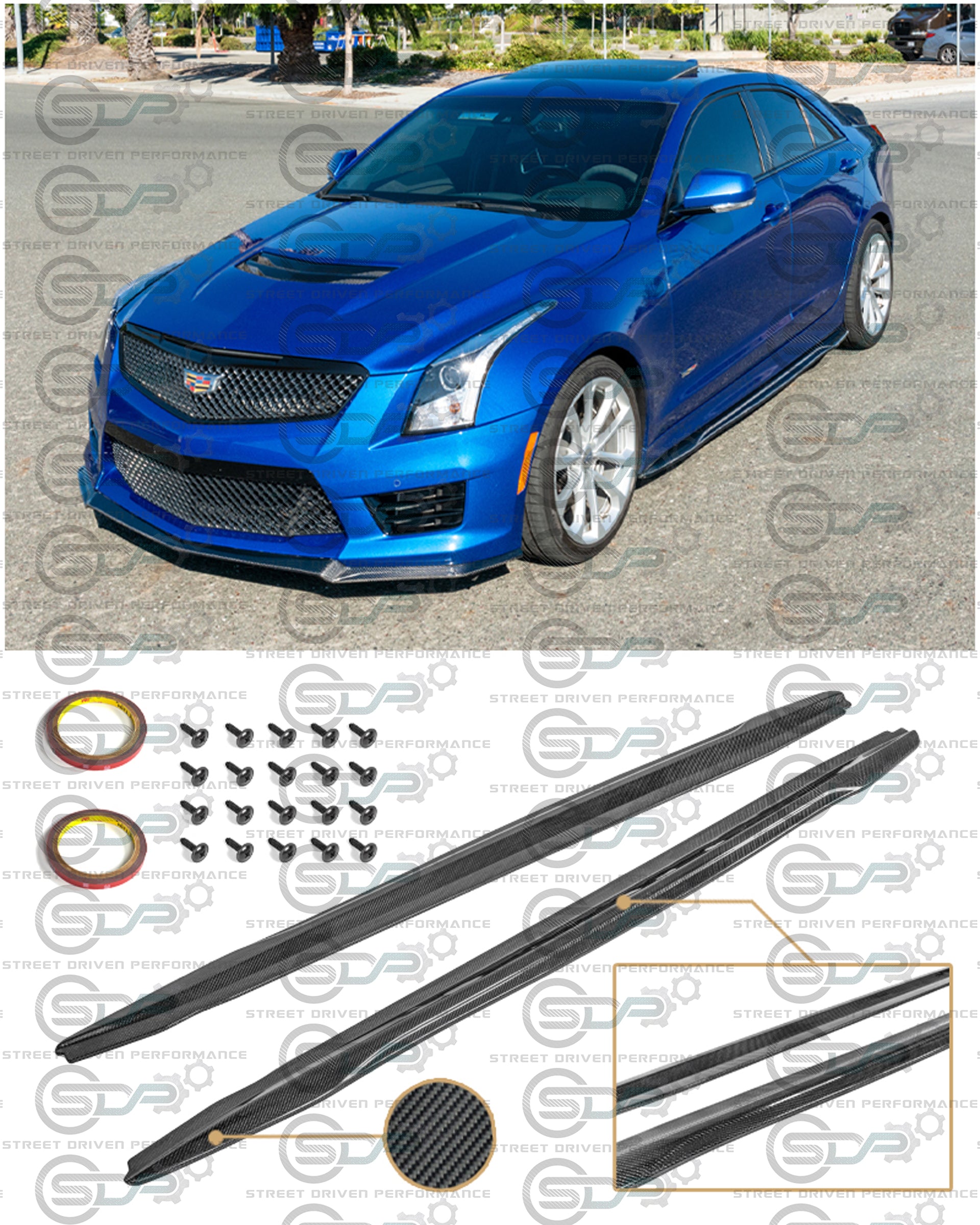 2016-2019 CADILLAC ATS-V CARBON FIBER FRONT SPLITTER & SIDE SKIRTS ROCKER PANELS GROUND EFFECTS